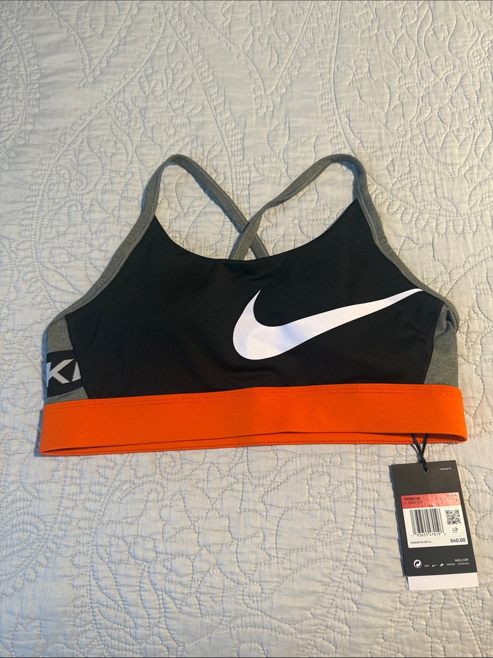 Nike Black and Orange Women's Cross-Back Sports Bra with White Swoosh
